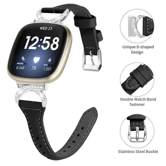 Alt view image 3 of 6 - Compatible with Fitbit Sense 2/Fitbit Versa 4 3 Bands for Women Men, Soft Genuine Leather Band Slim Strap Replacement Accessory Wristband + Metal rhinestone Adapter