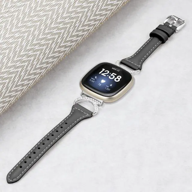 Alt view image 4 of 6 - Compatible with Fitbit Sense 2/Fitbit Versa 4 3 Bands for Women Men, Soft Genuine Leather Band Slim Strap Replacement Accessory Wristband + Metal rhinestone Adapter