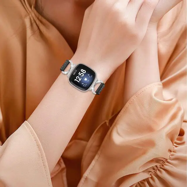 Alt view image 5 of 6 - Compatible with Fitbit Sense 2/Fitbit Versa 4 3 Bands for Women Men, Soft Genuine Leather Band Slim Strap Replacement Accessory Wristband + Metal rhinestone Adapter