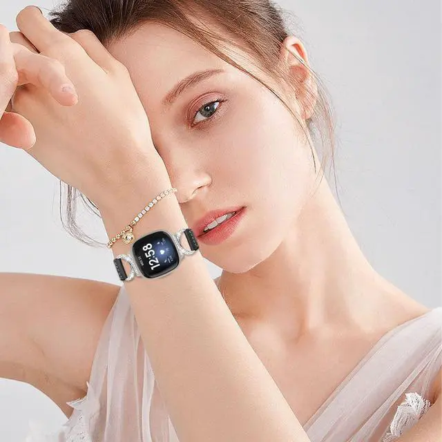 Alt view image 6 of 6 - Compatible with Fitbit Sense 2/Fitbit Versa 4 3 Bands for Women Men, Soft Genuine Leather Band Slim Strap Replacement Accessory Wristband + Metal rhinestone Adapter