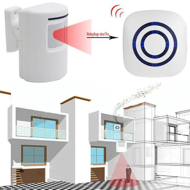 Alt view image 2 of 6 - Wireless Home Security Driveway Alarm, Entry Alert, Visitor Door Bell Chime with 1 Plug-in Receiver and 2 PIR Motion Sensor Detector Alert System, Quality Sound and LED, 38 Melodies