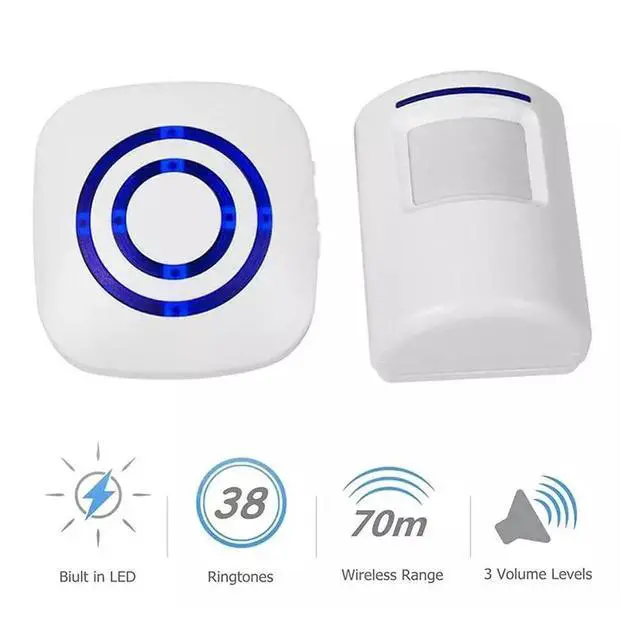 Alt view image 3 of 6 - Wireless Home Security Driveway Alarm, Entry Alert, Visitor Door Bell Chime with 1 Plug-in Receiver and 2 PIR Motion Sensor Detector Alert System, Quality Sound and LED, 38 Melodies