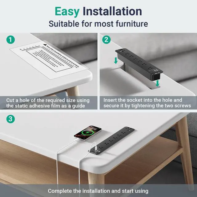 Alt view image 5 of 7 - Recessed Surge Protector Power Strip with 6AC + 4USB (2 USB-C PD20W), 1800J, 6FT Extension Cord, Space-Saver Flush Mount for Conference Tables/Desks/Furniture/Kitchen