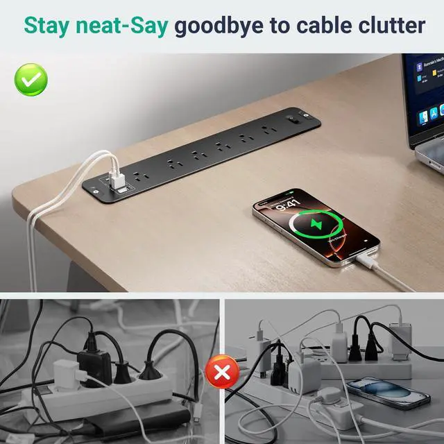 Alt view image 6 of 7 - Recessed Surge Protector Power Strip with 6AC + 4USB (2 USB-C PD20W), 1800J, 6FT Extension Cord, Space-Saver Flush Mount for Conference Tables/Desks/Furniture/Kitchen