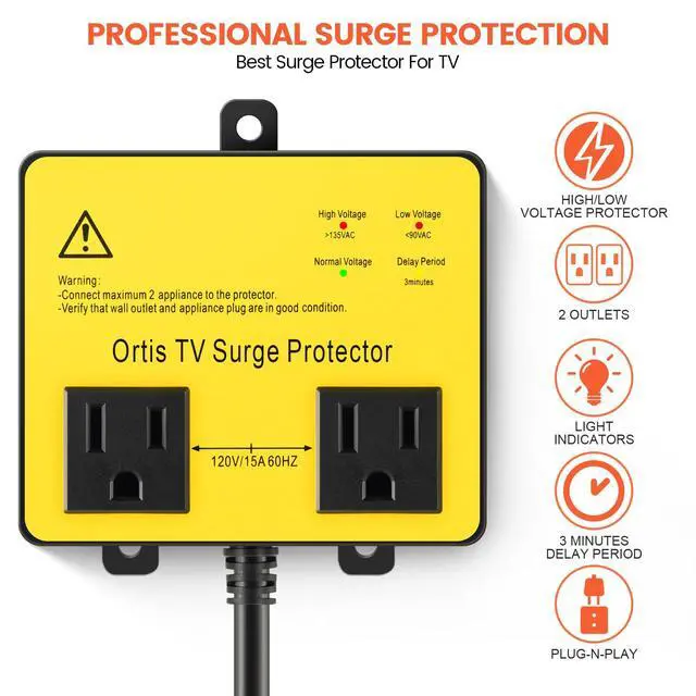 Alt view image 2 of 7 - TV Surge Protector for Smart TV, Double Outlet Voltage Protector for Home Appliances with Time Delay, Protects Against Brownout, Spike, Instant Surge All Voltage Abnormalities