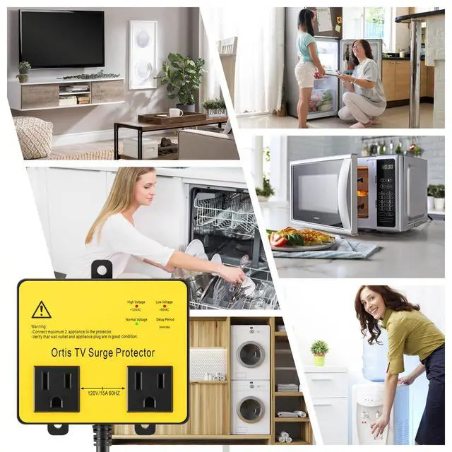 Alt view image 7 of 7 - TV Surge Protector for Smart TV, Double Outlet Voltage Protector for Home Appliances with Time Delay, Protects Against Brownout, Spike, Instant Surge All Voltage Abnormalities
