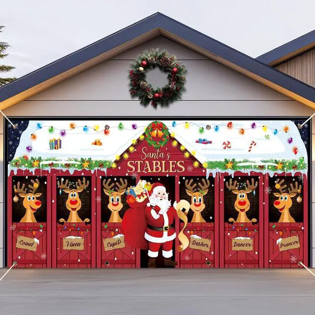 Main image of 16x7ft Christmas Garage Door Banner Deer Garage Door Covers Large Reindeer Stables Santa Claus Christmas Elk Backdrop Decorations for Winter Xmas Eve Holiday Indoor Outdoor Wall Decor(Deer)