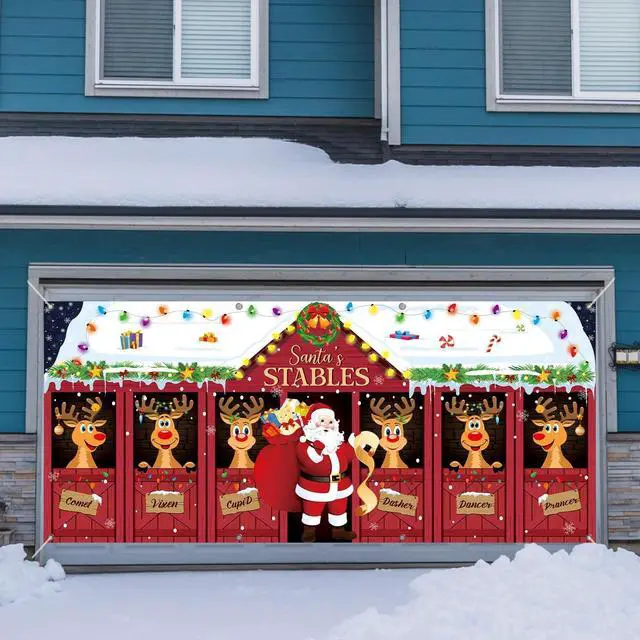 Alt view image 4 of 6 - 16x7ft Christmas Garage Door Banner Deer Garage Door Covers Large Reindeer Stables Santa Claus Christmas Elk Backdrop Decorations for Winter Xmas Eve Holiday Indoor Outdoor Wall Decor(Deer)
