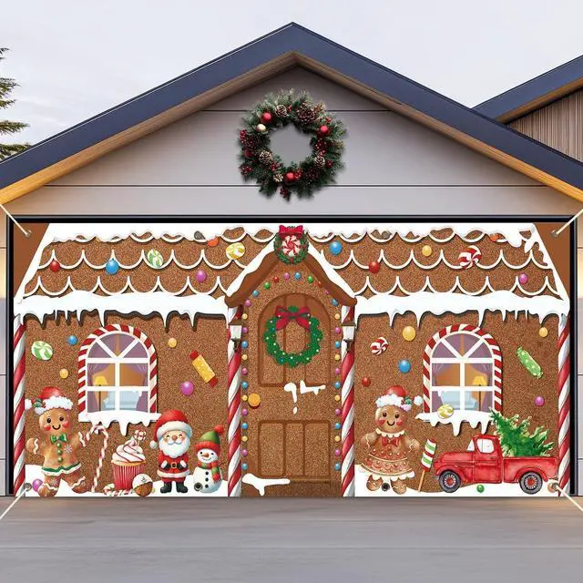 Main image of 16x7ft Christmas Garage Door Banner Gingerbread Garage Door Covers Large Gingerbread Man Snowman Santa Christmas Backdrop Decorations for Winter Xmas Eve Holiday Outdoor Wall Decor(House)