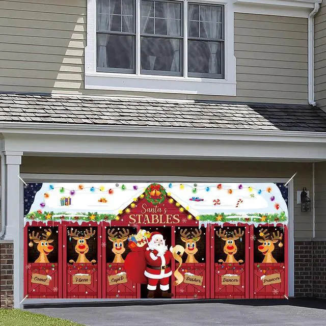 Alt view image 5 of 6 - 16x7ft Christmas Garage Door Banner Deer Garage Door Covers Large Reindeer Stables Santa Claus Christmas Elk Backdrop Decorations for Winter Xmas Eve Holiday Indoor Outdoor Wall Decor(Deer)