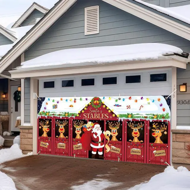 Alt view image 6 of 6 - 16x7ft Christmas Garage Door Banner Deer Garage Door Covers Large Reindeer Stables Santa Claus Christmas Elk Backdrop Decorations for Winter Xmas Eve Holiday Indoor Outdoor Wall Decor(Deer)