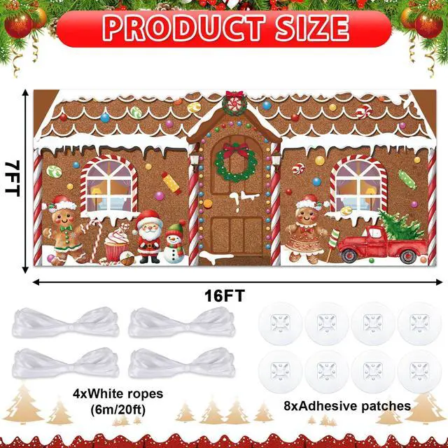 Alt view image 2 of 6 - 16x7ft Christmas Garage Door Banner Gingerbread Garage Door Covers Large Gingerbread Man Snowman Santa Christmas Backdrop Decorations for Winter Xmas Eve Holiday Outdoor Wall Decor(House)