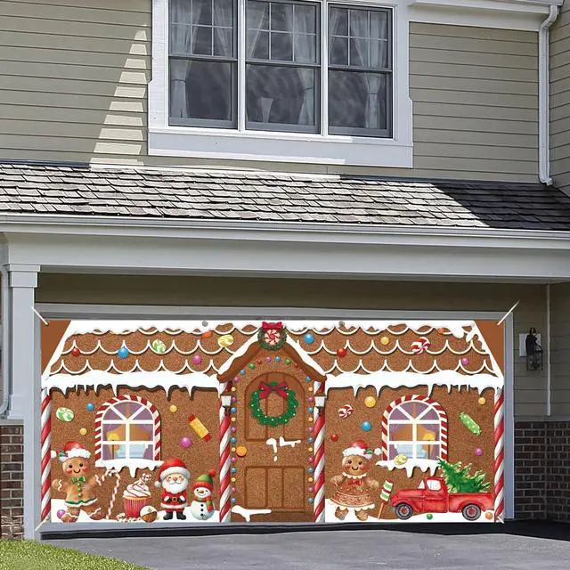 Alt view image 5 of 6 - 16x7ft Christmas Garage Door Banner Gingerbread Garage Door Covers Large Gingerbread Man Snowman Santa Christmas Backdrop Decorations for Winter Xmas Eve Holiday Outdoor Wall Decor(House)