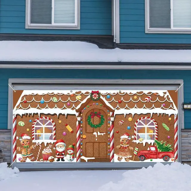 Alt view image 4 of 6 - 16x7ft Christmas Garage Door Banner Gingerbread Garage Door Covers Large Gingerbread Man Snowman Santa Christmas Backdrop Decorations for Winter Xmas Eve Holiday Outdoor Wall Decor(House)