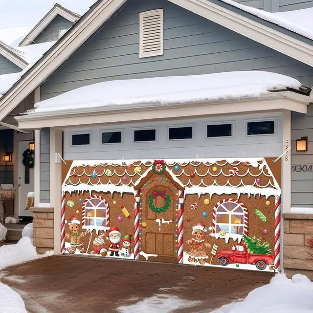Alt view image 6 of 6 - 16x7ft Christmas Garage Door Banner Gingerbread Garage Door Covers Large Gingerbread Man Snowman Santa Christmas Backdrop Decorations for Winter Xmas Eve Holiday Outdoor Wall Decor(House)
