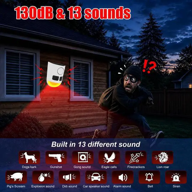 Alt view image 3 of 6 - Solar Motion Sensor Alarm with Strobe Light, 130dB Outdoor Security Alarm System, 13 Alarm Sounds with Remote Control, Solar Powered, Waterproof PIR Motion Detector for Farm Yard Garden Orchard.1PCS