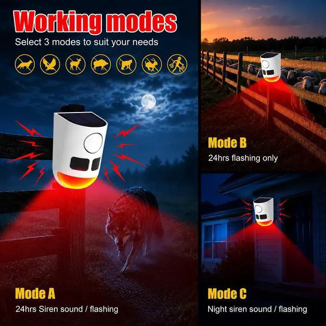 Alt view image 4 of 6 - Solar Motion Sensor Alarm with Strobe Light, 130dB Outdoor Security Alarm System, 13 Alarm Sounds with Remote Control, Solar Powered, Waterproof PIR Motion Detector for Farm Yard Garden Orchard.1PCS