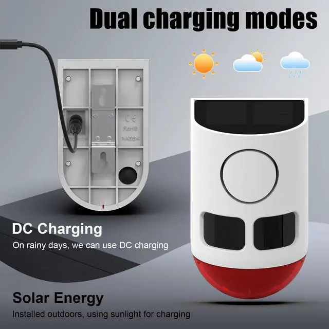 Alt view image 6 of 6 - Solar Motion Sensor Alarm with Strobe Light, 130dB Outdoor Security Alarm System, 13 Alarm Sounds with Remote Control, Solar Powered, Waterproof PIR Motion Detector for Farm Yard Garden Orchard.1PCS