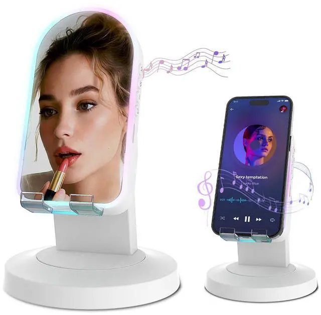 Main image of Wireless Induction Speaker with 360° Rotating Base, Bluetooth Speaker Phone Stand with Center Mirror, Stereo Sound for Kitchen Desk, RGB Ambient Light, Gift for Men Women (White)