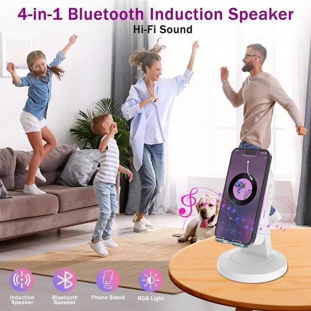 Alt view image 3 of 6 - Wireless Induction Speaker with 360° Rotating Base, Bluetooth Speaker Phone Stand with Center Mirror, Stereo Sound for Kitchen Desk, RGB Ambient Light, Gift for Men Women (White)