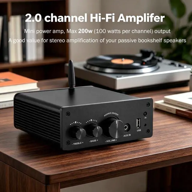 Alt view image 2 of 7 - 200W Bluetooth Audio Amplifier with DAC for Bookshelf Speaker HiFi | TPA3116 Chip, 2.0 Channel, Optical Coaxial USB RCA Aux Input, Plug and Play, Low Distortion, Black