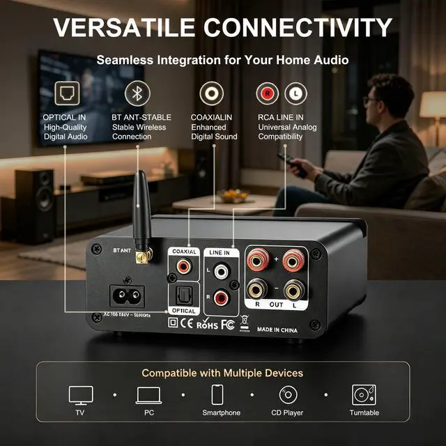 Alt view image 4 of 7 - 200W Bluetooth Audio Amplifier with DAC for Bookshelf Speaker HiFi | TPA3116 Chip, 2.0 Channel, Optical Coaxial USB RCA Aux Input, Plug and Play, Low Distortion, Black