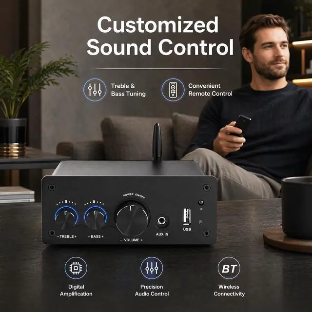 Alt view image 3 of 7 - 200W Bluetooth Audio Amplifier with DAC for Bookshelf Speaker HiFi | TPA3116 Chip, 2.0 Channel, Optical Coaxial USB RCA Aux Input, Plug and Play, Low Distortion, Black