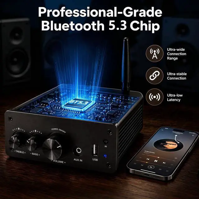 Alt view image 5 of 7 - 200W Bluetooth Audio Amplifier with DAC for Bookshelf Speaker HiFi | TPA3116 Chip, 2.0 Channel, Optical Coaxial USB RCA Aux Input, Plug and Play, Low Distortion, Black