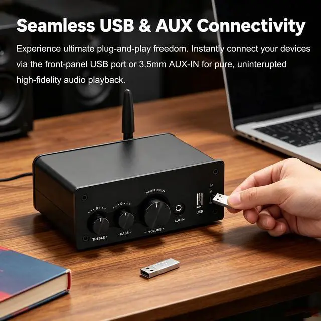 Alt view image 6 of 7 - 200W Bluetooth Audio Amplifier with DAC for Bookshelf Speaker HiFi | TPA3116 Chip, 2.0 Channel, Optical Coaxial USB RCA Aux Input, Plug and Play, Low Distortion, Black