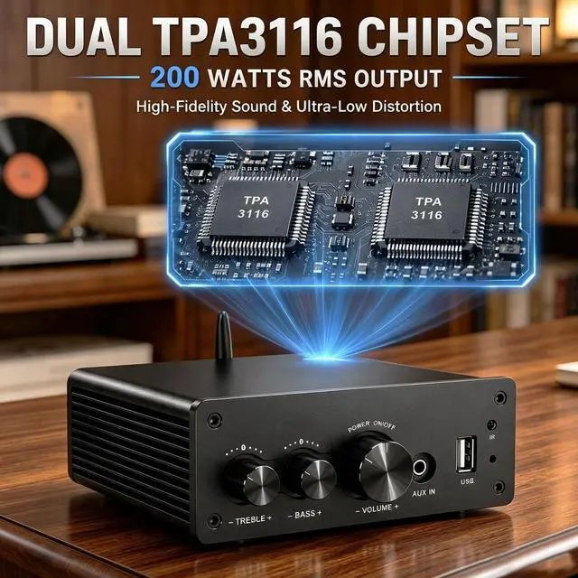 Alt view image 7 of 7 - 200W Bluetooth Audio Amplifier with DAC for Bookshelf Speaker HiFi | TPA3116 Chip, 2.0 Channel, Optical Coaxial USB RCA Aux Input, Plug and Play, Low Distortion, Black