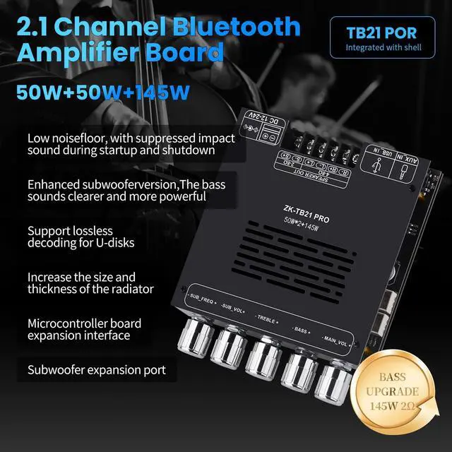 Alt view image 2 of 6 - Bluetooth Audio Amplifier Board, ZK-TB21PRO 2.1CH 50W×2+145W Subwoofer Amp | with USB Lossless Decoding, SOP8/DIP8 Dual Package, Mic & Subwoofer Expansion Ports, Enhanced Heat Sink