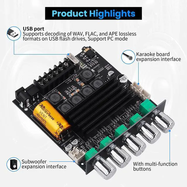 Alt view image 3 of 6 - Bluetooth Audio Amplifier Board, ZK-TB21PRO 2.1CH 50W×2+145W Subwoofer Amp | with USB Lossless Decoding, SOP8/DIP8 Dual Package, Mic & Subwoofer Expansion Ports, Enhanced Heat Sink