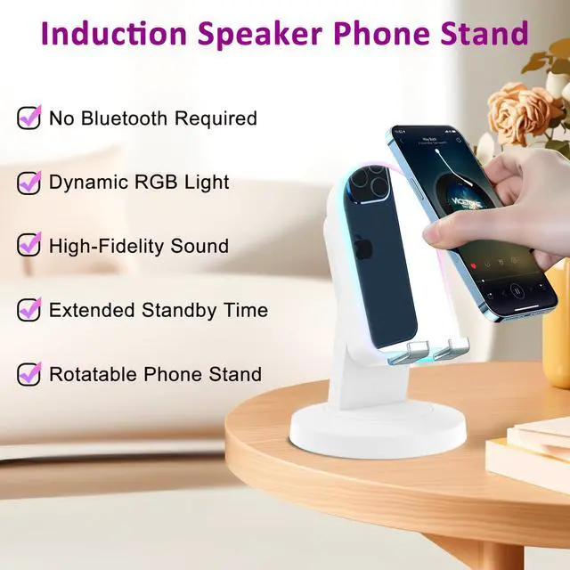 Alt view image 4 of 6 - Wireless Induction Speaker with 360° Rotating Base, Bluetooth Speaker Phone Stand with Center Mirror, Stereo Sound for Kitchen Desk, RGB Ambient Light, Gift for Men Women (White)
