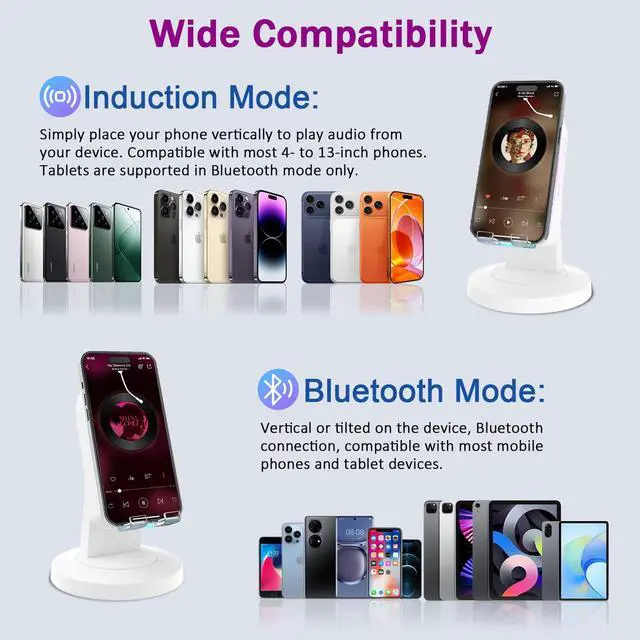 Alt view image 5 of 6 - Wireless Induction Speaker with 360° Rotating Base, Bluetooth Speaker Phone Stand with Center Mirror, Stereo Sound for Kitchen Desk, RGB Ambient Light, Gift for Men Women (White)