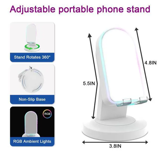 Alt view image 6 of 6 - Wireless Induction Speaker with 360° Rotating Base, Bluetooth Speaker Phone Stand with Center Mirror, Stereo Sound for Kitchen Desk, RGB Ambient Light, Gift for Men Women (White)