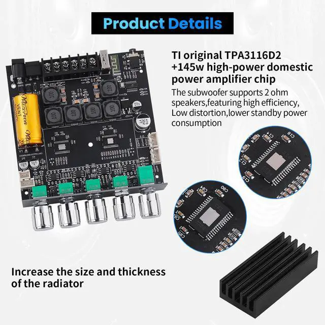 Alt view image 4 of 6 - Bluetooth Audio Amplifier Board, ZK-TB21PRO 2.1CH 50W×2+145W Subwoofer Amp | with USB Lossless Decoding, SOP8/DIP8 Dual Package, Mic & Subwoofer Expansion Ports, Enhanced Heat Sink