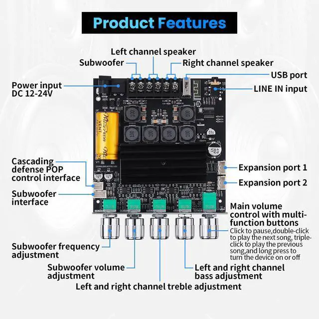 Alt view image 5 of 6 - Bluetooth Audio Amplifier Board, ZK-TB21PRO 2.1CH 50W×2+145W Subwoofer Amp | with USB Lossless Decoding, SOP8/DIP8 Dual Package, Mic & Subwoofer Expansion Ports, Enhanced Heat Sink