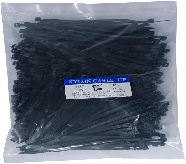 Main image of 1000 pcs 8 inch Black Nylon Self-Locking Cable Ties, 40 LBS Tensile Strength, UV Resistant, Waterproof