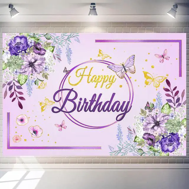 Main image of Birthday Party Background,Elegant Purple & Gold Floral Butterfly Happy Birthday Backdrop 7x5 ft Romantic Party Decoration Cloth for Birthday Celebrations