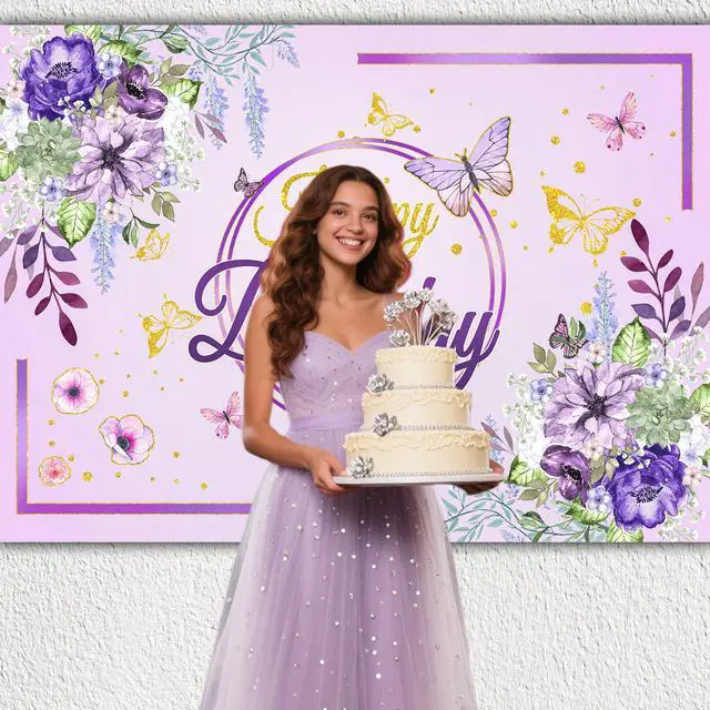Alt view image 2 of 7 - Birthday Party Background,Elegant Purple & Gold Floral Butterfly Happy Birthday Backdrop 7x5 ft Romantic Party Decoration Cloth for Birthday Celebrations