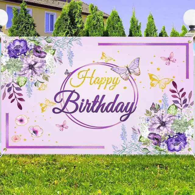 Alt view image 3 of 7 - Birthday Party Background,Elegant Purple & Gold Floral Butterfly Happy Birthday Backdrop 7x5 ft Romantic Party Decoration Cloth for Birthday Celebrations
