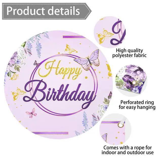 Alt view image 4 of 7 - Birthday Party Background,Elegant Purple & Gold Floral Butterfly Happy Birthday Backdrop 7x5 ft Romantic Party Decoration Cloth for Birthday Celebrations