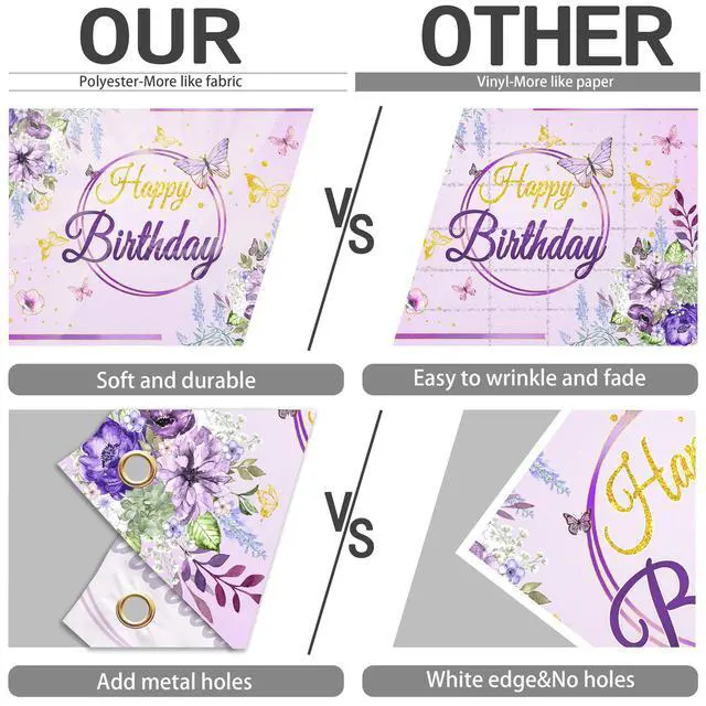 Alt view image 5 of 7 - Birthday Party Background,Elegant Purple & Gold Floral Butterfly Happy Birthday Backdrop 7x5 ft Romantic Party Decoration Cloth for Birthday Celebrations