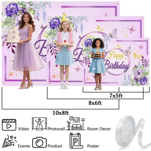 Alt view image 6 of 7 - Birthday Party Background,Elegant Purple & Gold Floral Butterfly Happy Birthday Backdrop 7x5 ft Romantic Party Decoration Cloth for Birthday Celebrations