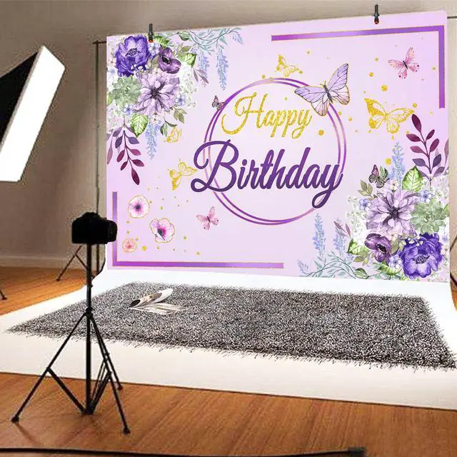 Alt view image 7 of 7 - Birthday Party Background,Elegant Purple & Gold Floral Butterfly Happy Birthday Backdrop 7x5 ft Romantic Party Decoration Cloth for Birthday Celebrations
