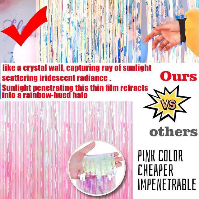 Alt view image 3 of 6 - Gorgeous Holographic Iridescent Fringe Curtain - 2 Pack of 8.3ft x 3.3ft Tinsel Streamer for Wedding Birthday Party Bridal/Baby Shower Christmas Photo Booth Backdrop Decoration
