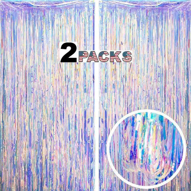 Main image of Gorgeous Holographic Iridescent Fringe Curtain - 2 Pack of 8.3ft x 3.3ft Tinsel Streamer for Wedding Birthday Party Bridal/Baby Shower Christmas Photo Booth Backdrop Decoration