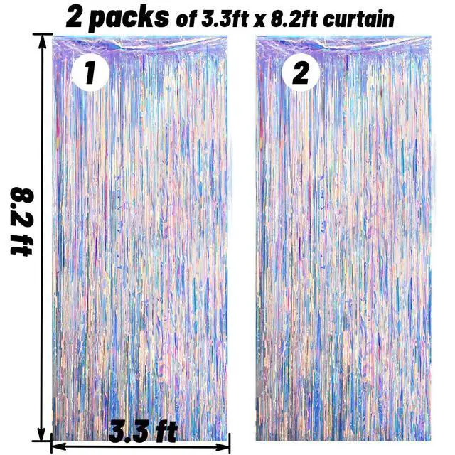 Alt view image 2 of 6 - Gorgeous Holographic Iridescent Fringe Curtain - 2 Pack of 8.3ft x 3.3ft Tinsel Streamer for Wedding Birthday Party Bridal/Baby Shower Christmas Photo Booth Backdrop Decoration