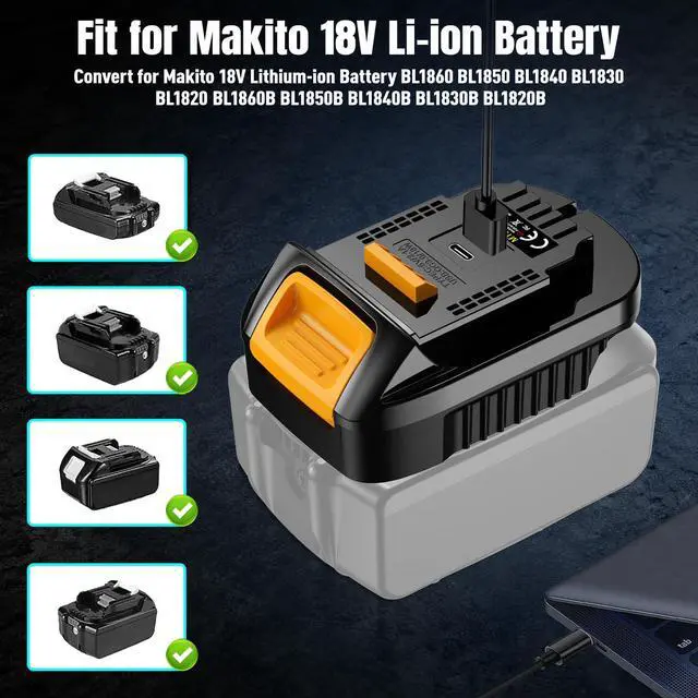 Alt view image 3 of 7 - MT20DL Battery Adapter for Makita 18V to for Dewalt 20V MAX Battery Converter with USB-A & Type-C Charging Port,Compatible with Makita BL1830 BL1850 BL1860 for Dewalt 20V Cordless Power Tools