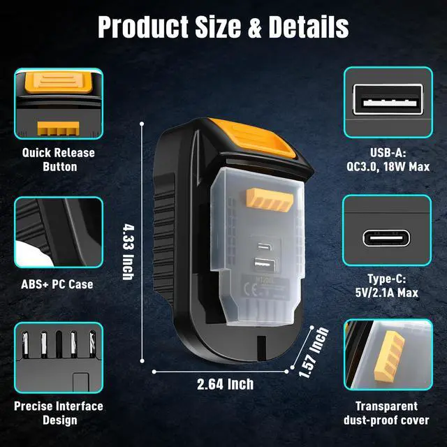 Alt view image 6 of 7 - MT20DL Battery Adapter for Makita 18V to for Dewalt 20V MAX Battery Converter with USB-A & Type-C Charging Port,Compatible with Makita BL1830 BL1850 BL1860 for Dewalt 20V Cordless Power Tools
